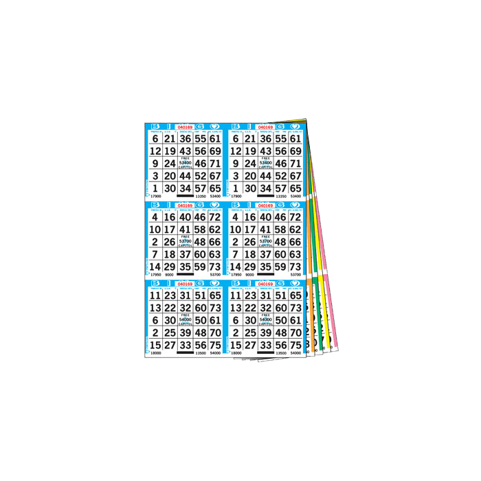 6 on 12 up Bingo Paper Game Cards - Book of 100- 1200 Sheets-12 Different Colors