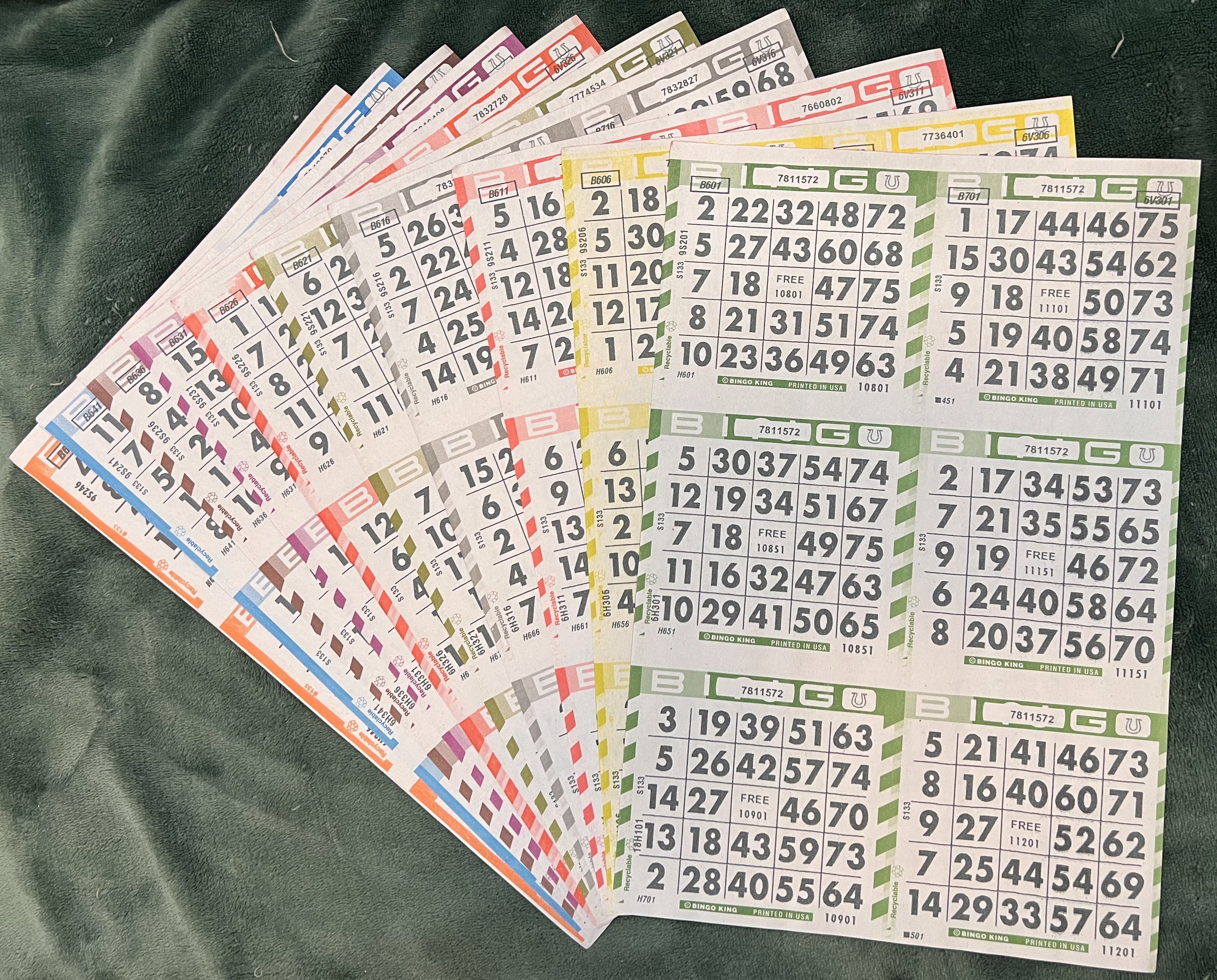 6ON-V 10UP Green Stripe Bingo Paper 500 Sheets 10 Different colors